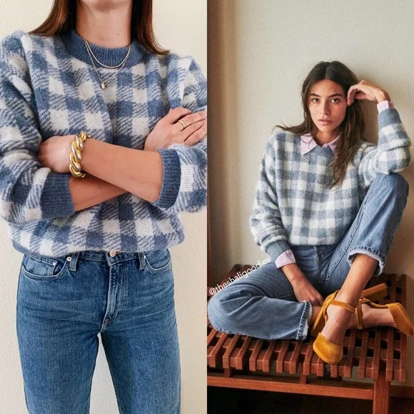 SEZANE Becky Jumper Blue Gingham Baby Alpaca Sweater - Picture 3 of 8